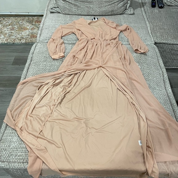 V-Neck High Slit Peach colored dress (see photos for imperfections) - Picture 3 of 11